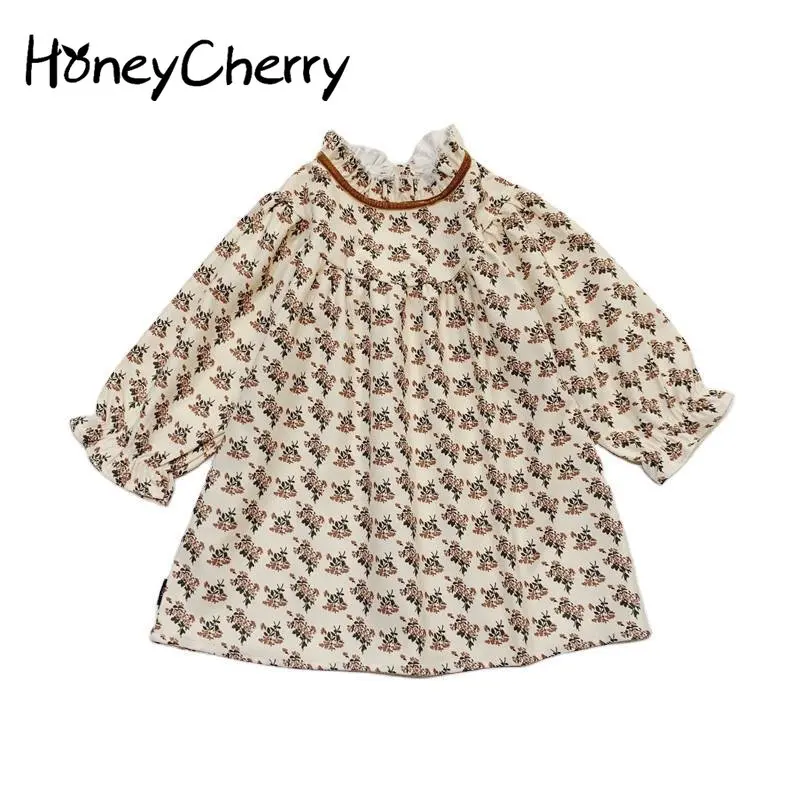 

HoneyCherry New Girls Floral Lace Collar Long-sleeved Dress Girl Clothes