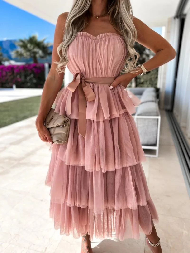 

2022 Women Elegant Party Evening Dresses Summer Sexy Chest Wrapped Mesh Patchwork Long Cake Dress