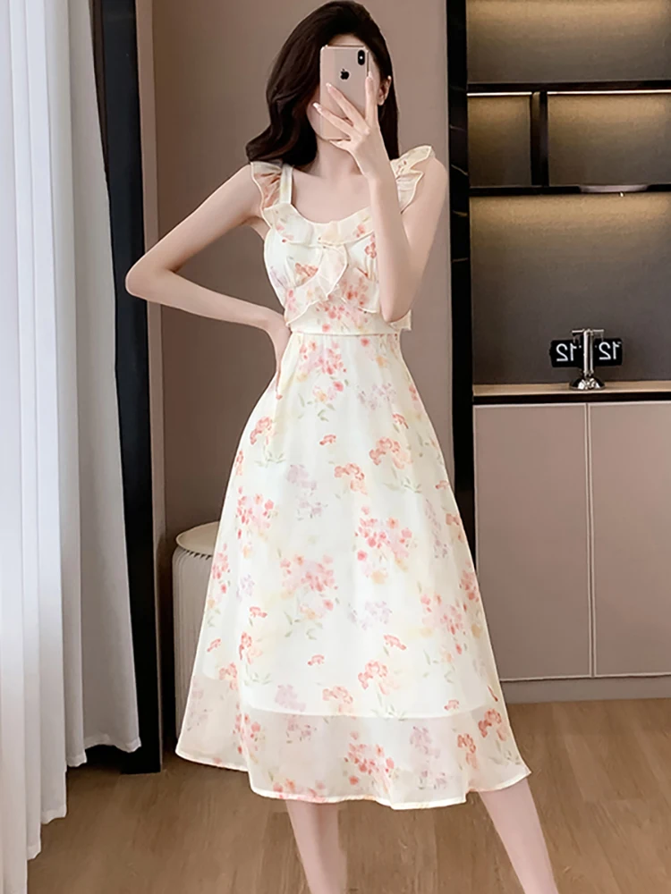 Женское шифоновое длинное платье с цветочным принтом и рюшами в пляжном стиле