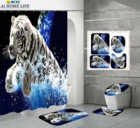 white tiger animals printed shower curtain set bathroom bathing screen anti slip mat toilet lid cover carpet rug home decoration