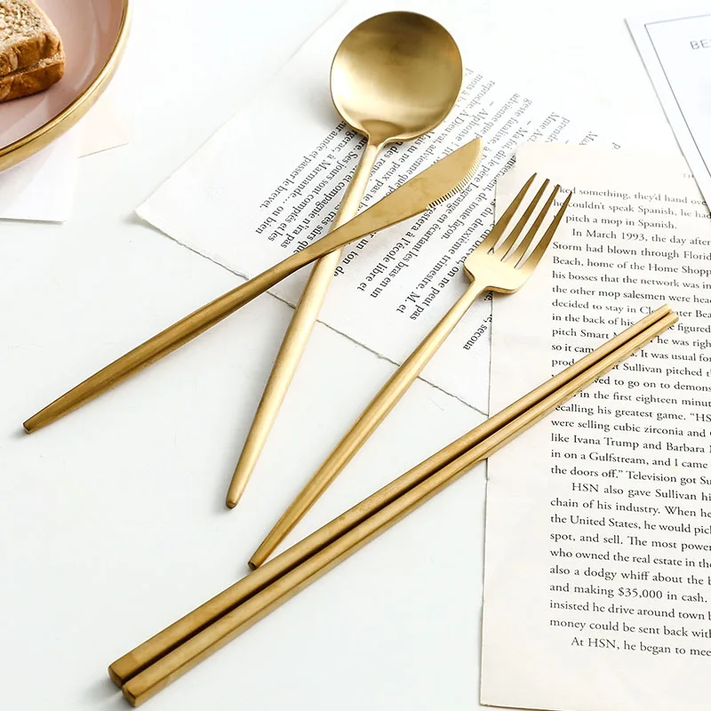 Matte Gold 18/10 Stainless Steel Luxury Cutlery Dinnerware Tableware Knife Spoon Fork Chopsticks Flatware Set Dishwasher Safe | Дом и сад