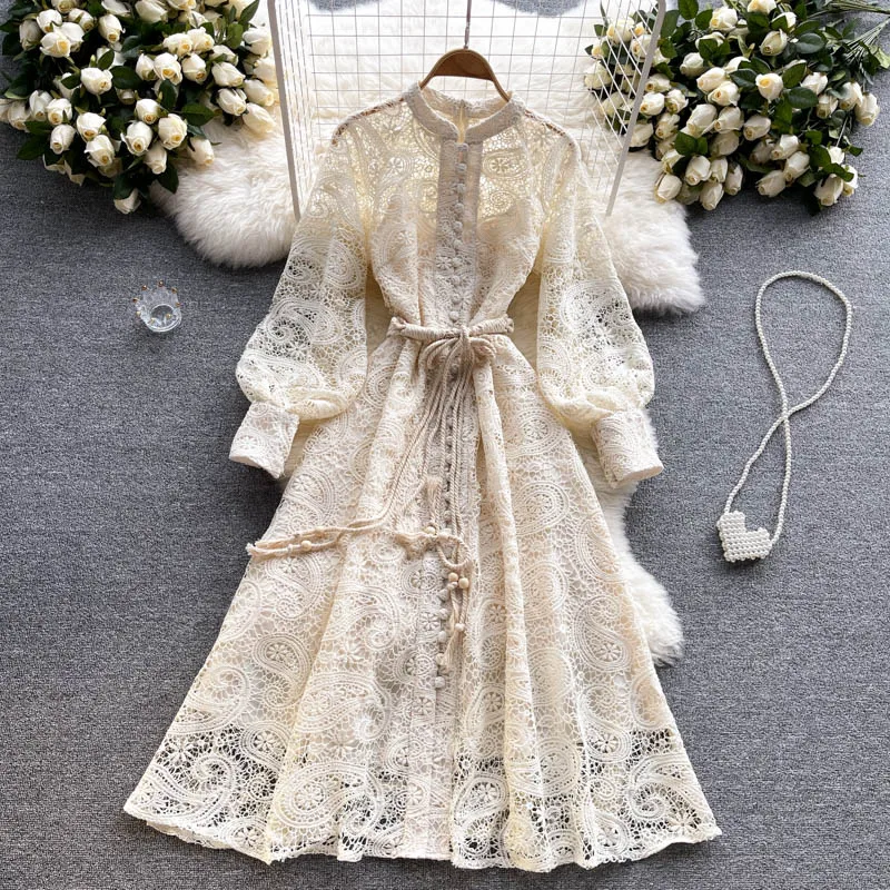 

New Autumn Single Breasted Chiffon Solid Lady Full Dress A Line O Neck Puff Sleeve Button Women Mid-Calf Dresses