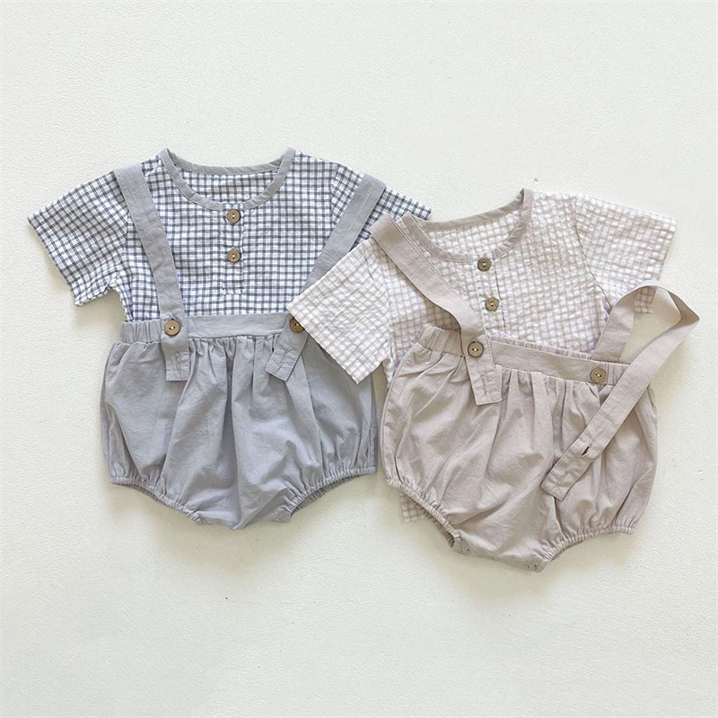 

Toddler Baby Girl Clothing Sets Summer New Casual Plaid Shirts + Solid Belt Pants Suit for Boy Cotton Short Sleeve Kids Clothes