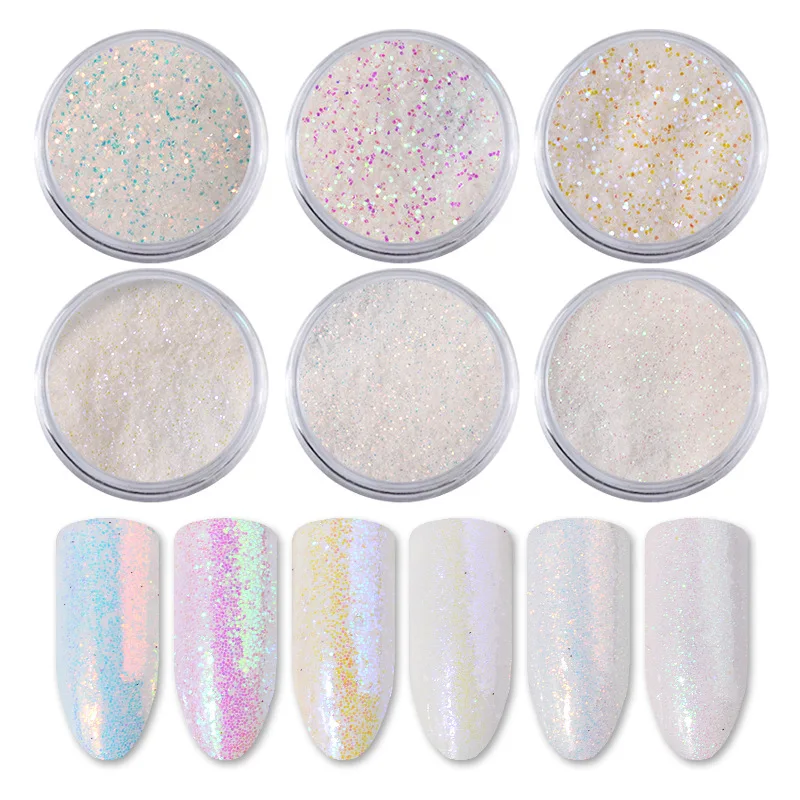 

6pcs/set Unicorn Aurora White Sequins Nail Art Glitter Powder Mermaid Dust Small Flakes Decor For DIY Nails Glitters