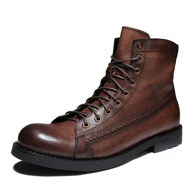 

2022 Retro Style Ankle Boots PU Lace-Up Casual Boots High-top Men's Shoes Wear-resistant Boots Boots for Men Mens Leather Boots