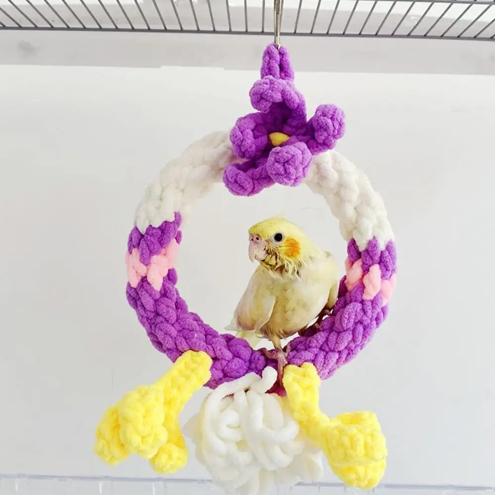 

Pet Bird Toy Plush Rope Woven Bite Resistant Relieve Boredom Parrot Circle Ring Stand Swing Toy Pet Bird Cage Supplies