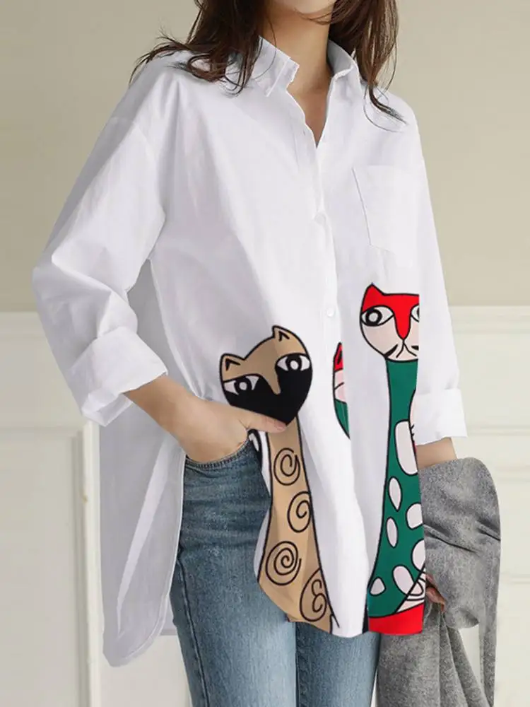 

Fashion OL Long Sleeve Shirts Women 2022 ZANZEA Spring Summer Printed Tops Casual Loose Lapel Neck Blusas Chemise Streetwears