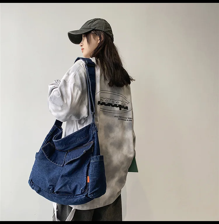 Casual Couple Denim Jeans Shoulder Bag Ins Fashion Jean Bag Large Denim Crossbody Bag Men And Womens Blue Backpack