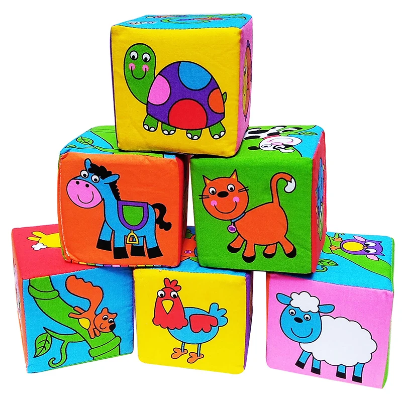 

6pcs/Set Cloth Building Blocks New Infant Baby Cloth Doll Soft Rattle early Educational Giraff Baby Rattles Play Cube Cloth Toy