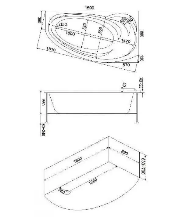 Ванна акриловая Bas Флорида 160х88х67 угловая асимметричная (правая) с каркасом -