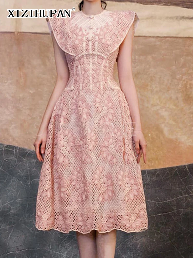 

XIZIHUPAN Vintage Patchwork Embroidery Dress For Women Round Neck Sleeveless High Waist Midi Dresses Female Summer Clothing 2022