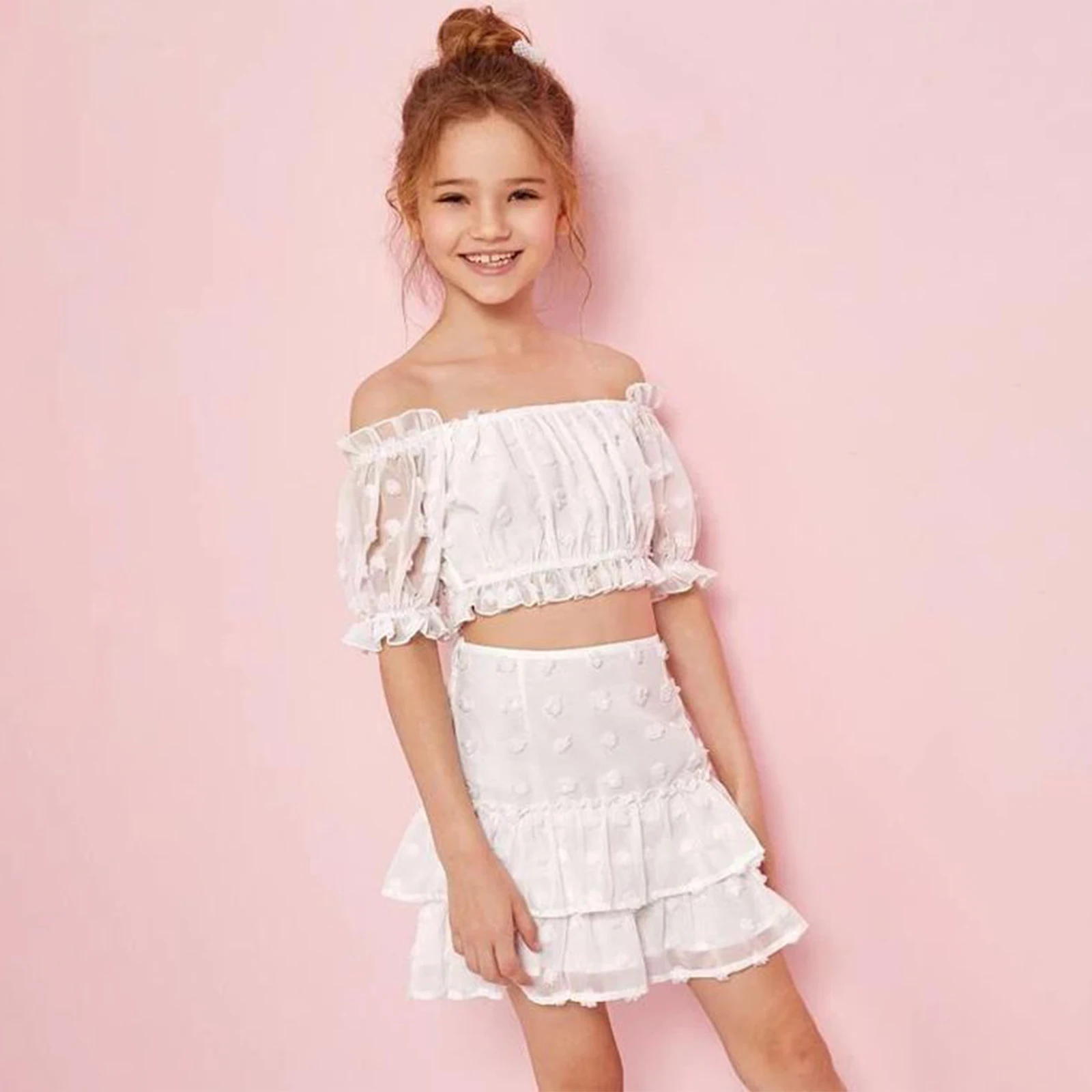 

2Pcs Baby Girls Clothing Summer Outfits Solid Color Off-Shoulder Short Sleeve Crop Tops Layered Skirt Set for Kids 1-6 Years