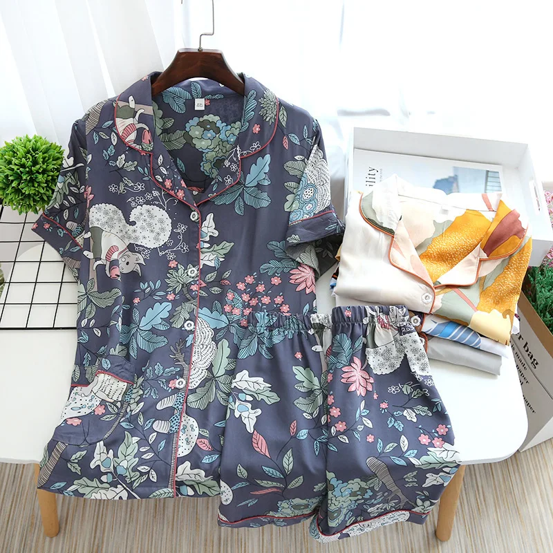 Summer Women's Pajamas Set Thin Section Short-sleeved Shorts Large Floral Print Sleepwear Home Service Ladies Pajamas for Women