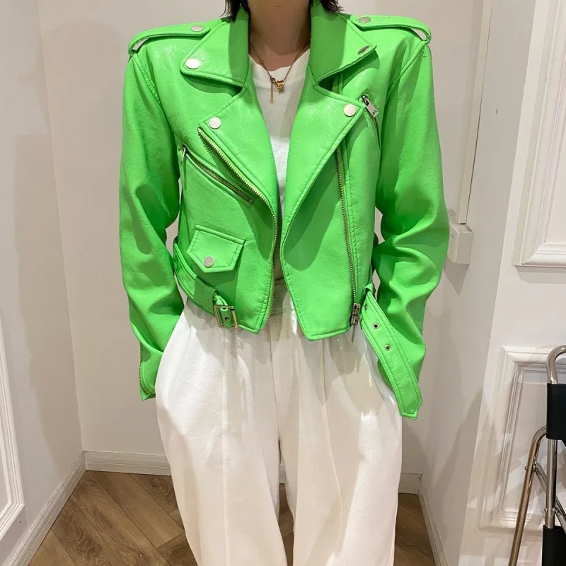 Short Green Gecko Biker Leather Jacket Long Sleeve Zipper Belt Colored Stylish Outerw Y1386