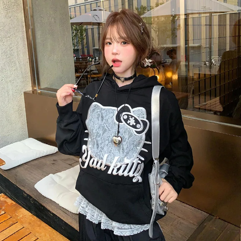 Miniso Lace Hellokitty Y2k Черная толстовка с капюшоном для девочек Аниме вышивкой KT