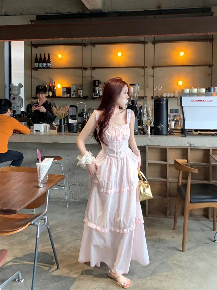 Teemo Girl Gyaru Fog Powder Tulip Pink Sling Dress Women Summer New Polka Dot Fairy Temperament Skirts |