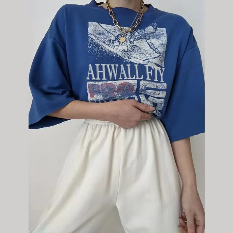 

Женская Винтажная Футболка с принтом, голубая Повседневная футболка с коротким рукавом и круглым вырезом, топы в английском стиле, лето