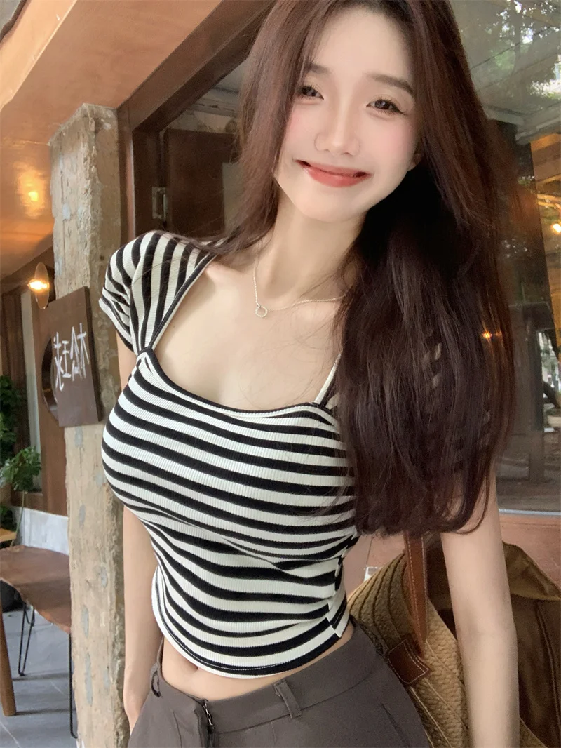 

Summer Short Sleeve Striped Women Square Collar T-shirt Thin top Elegant Tees Shirt Casual Cotton Knitted Basic Casual Tops
