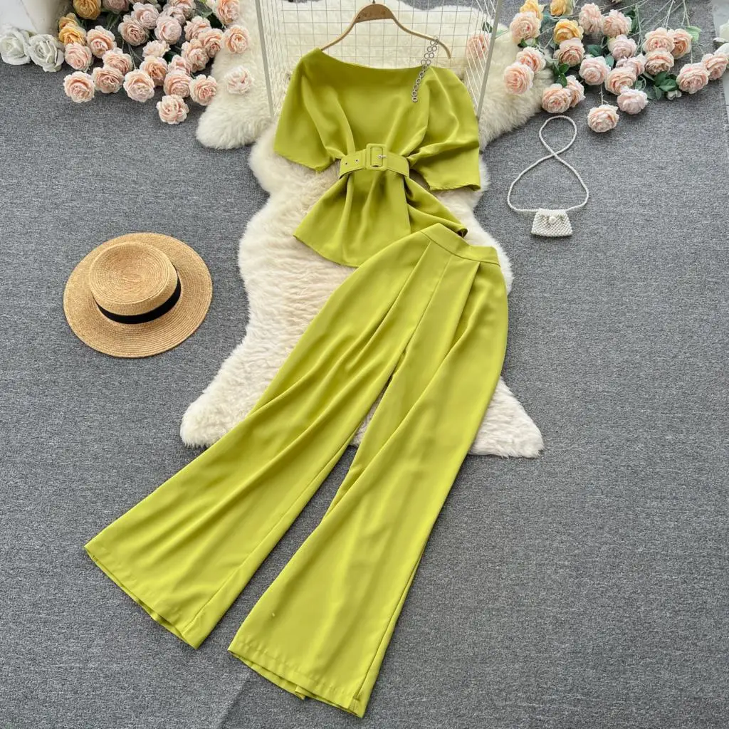 

New Summer Solid Vintage Pantsuit Women Fashion Elegant Tops and Wide-Leg Pants 2 Pieces Set Chic Female Party Birthday Clothes