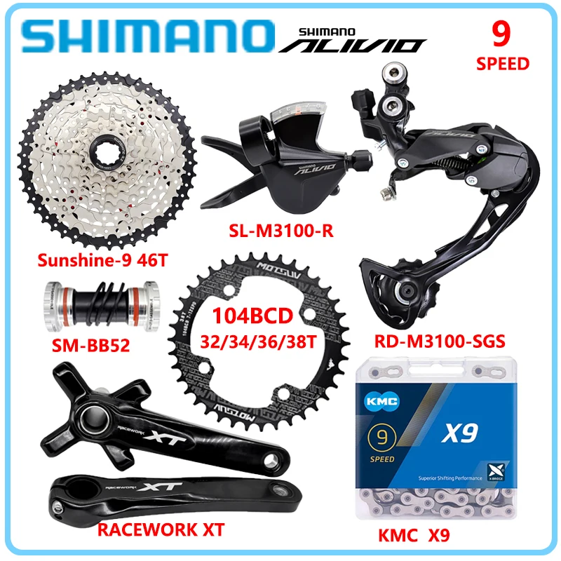 

SHIMANO ALIVIO M3100 1X9 Speed Groupset M3100 Rear Derailleurs 9V Cassette KMC X9 Chain BB52 Bottom Derailleur Kit for MTB Bike