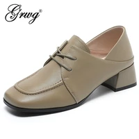 grwg women genuine leather pumps new brand med heels dress party wedding shoes lace up sexy square toe women shoes large size 43