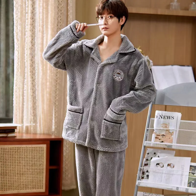 Flannel Pajama Sets For Men Turn-Down Collar Homewear Pyjamas Thicken Warm Coral Fleece 2Pcs/Set Tops + Pants Lounge Sleepwear