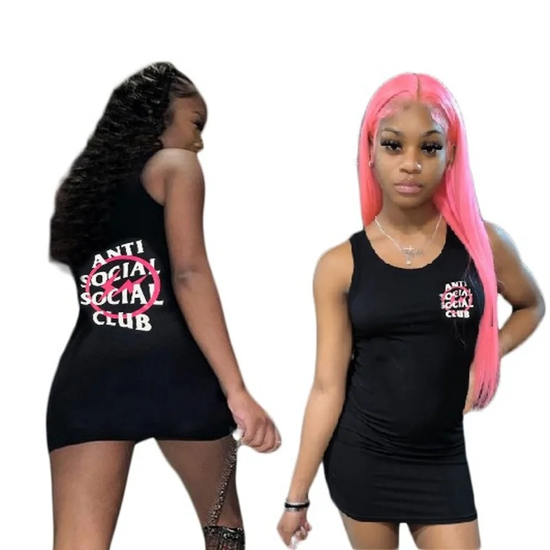 Sexy Tank Mini Black Dress Women Letter Printed “ANTI SOCIAL CLUB” Sleeveless Sundress Summer Streetwear Bodycon Dresses Clothes 1