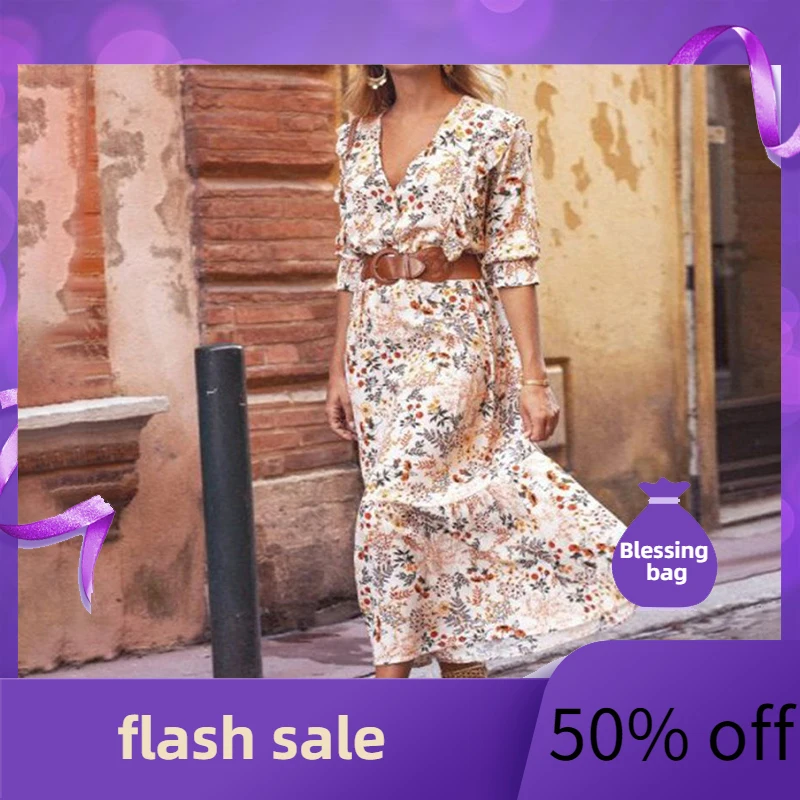 

Summer printed V-Neck long skirt dress 2022 summer women's new style