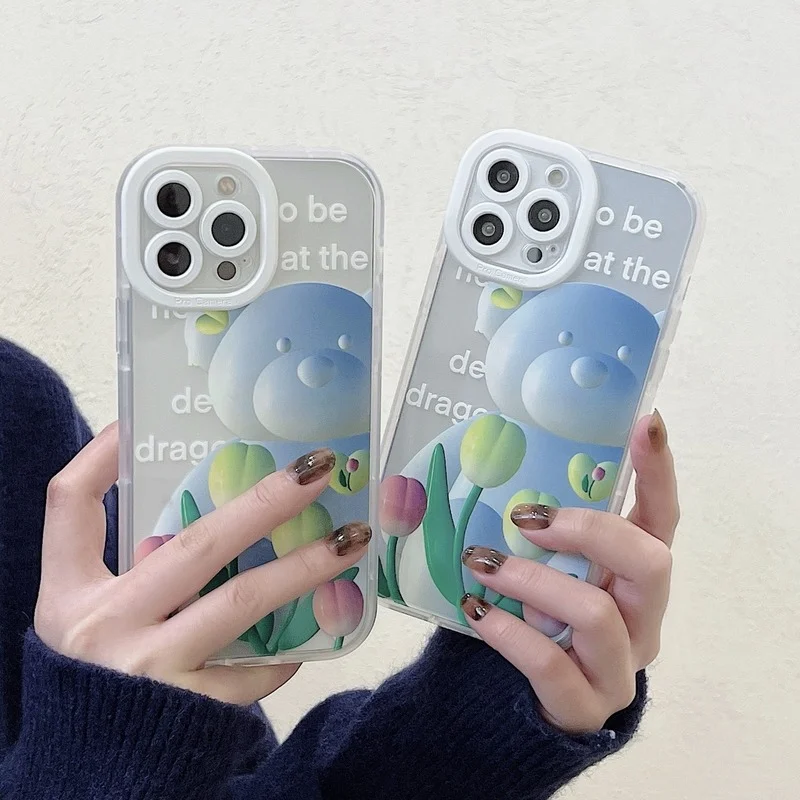 

Tulip Flower Bear Phone Case Protective Case for IPhone11 12 13 Pro Max X XR Cover Transparent IPhone Case Fall Protection Shell