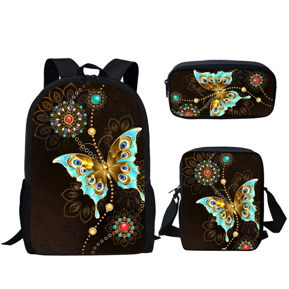 

3 Set School Bag for Teenager Boys Girls Butterfly Print Casual Backpack Kids Student Lightweight Book Bag Lunch Bag Pencil Bag