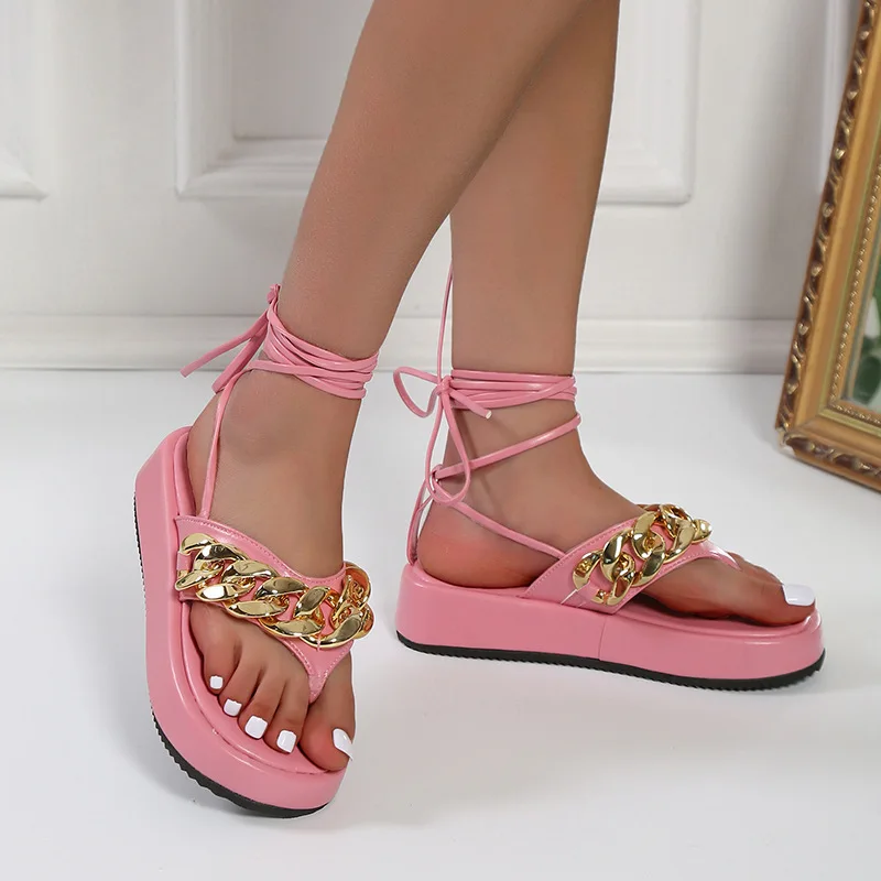 

New Summer Women Sandals Roman Thick-soled Straps Flip-flops Casual Chain Flat-bottomed Beach Shoes Non-slip Outer Wear Slippers