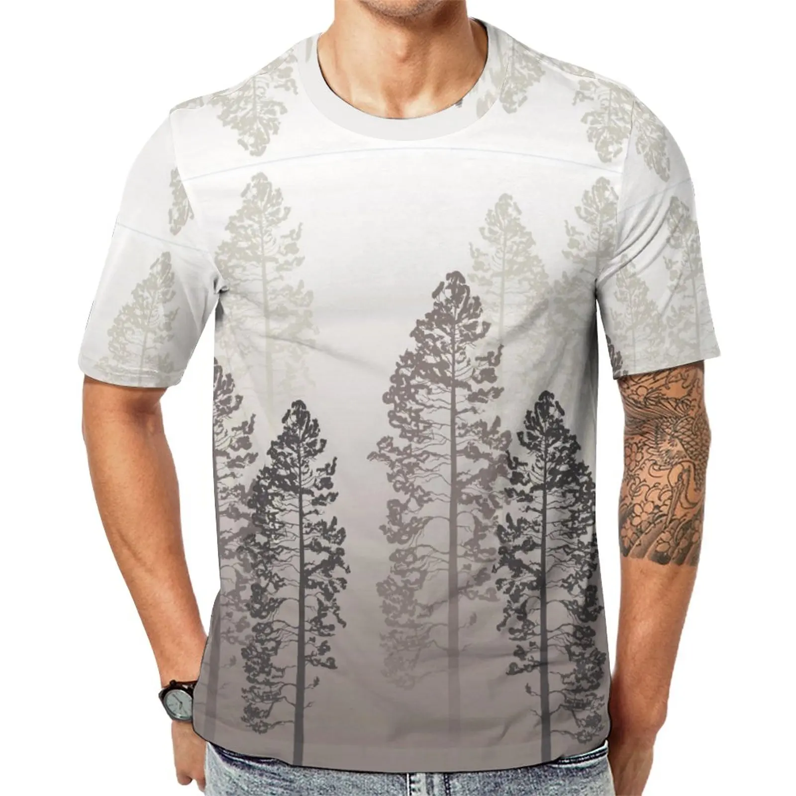 

Top Tee Pine Trees in The Forest on Foggy Seem Ombre Backdrop Wildlife Adventure Artwork Top Quality Fitness Eur Size Vintage