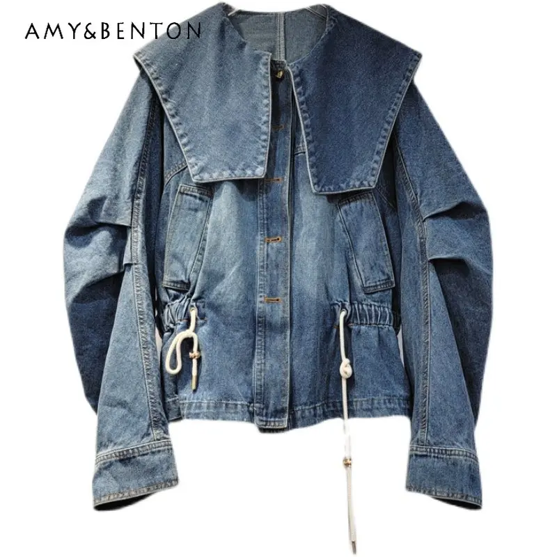 European Station Jeans Coats Women 2023 New Spring Clothing Doll Sailor Collar Letter Drawstring Slimming Denim Jacket Cardigan