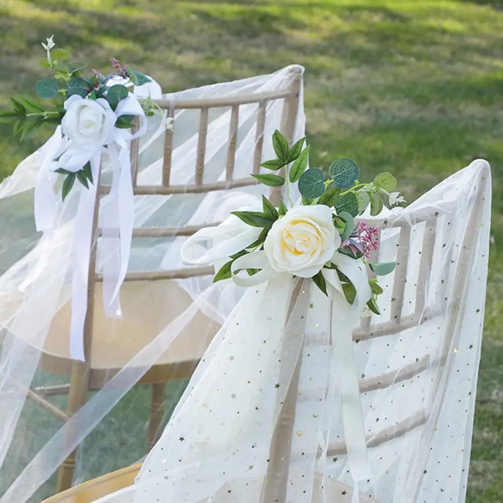 

10 шт. искусственных цветов на спинке стула, искусственные цветы, листья, ленты для украшения свадебного коридора