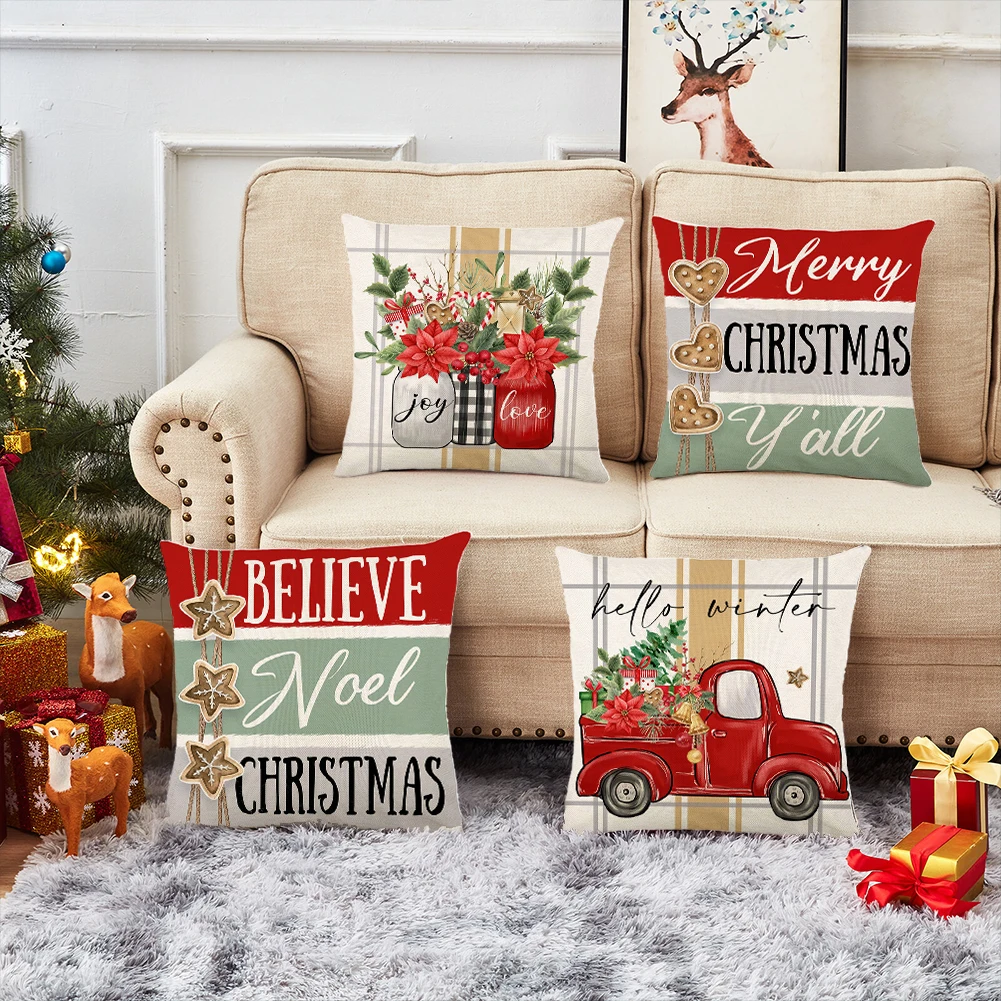 

4pcs Christmas Linen Throw Pillow Cases Flower Decorative Cushion Covers or Christmas Decoration (18x18inch/45 X 45cm)