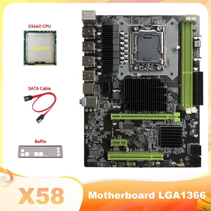 

X58 Motherboard LGA1366 Computer Motherboard Supports DDR3 ECC Memory Support RX Graphics Card With X5660 CPU+SATA Cable