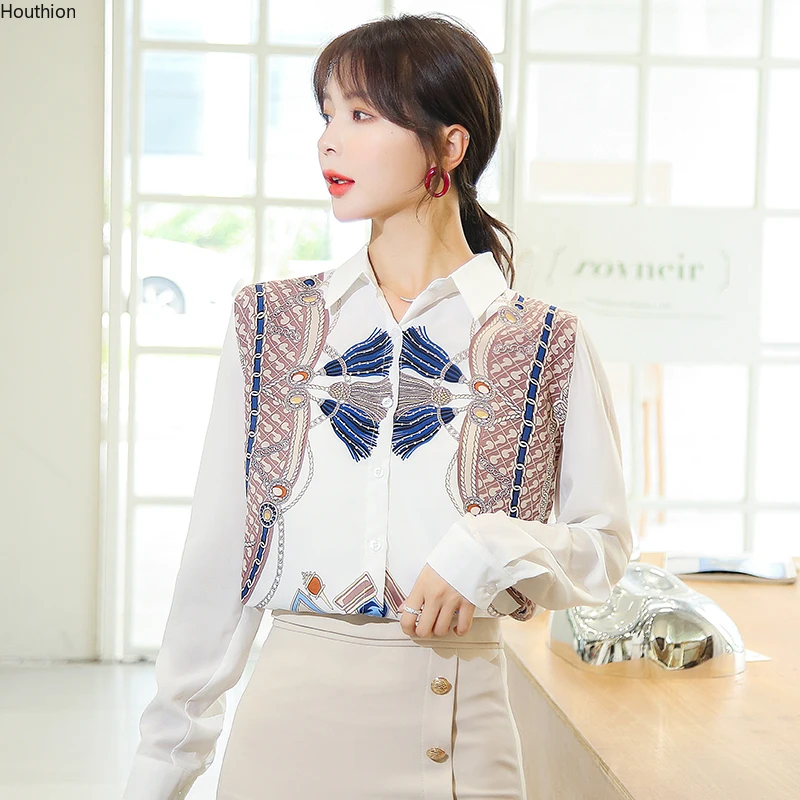 

Summer New Women's Blouses Polo Shirt Long Sleeve Top Stitching Printing Satin Casual Fashion Loose Female Clothing Houthion