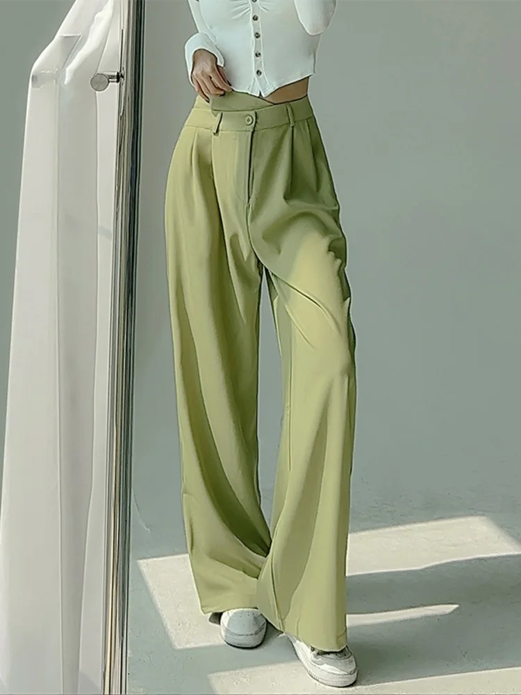 

High Waist Fairy Irregular Design Wide Leg Straight Pants Solid Color Folds Loose Drape Women's Simple Casual Style VK84