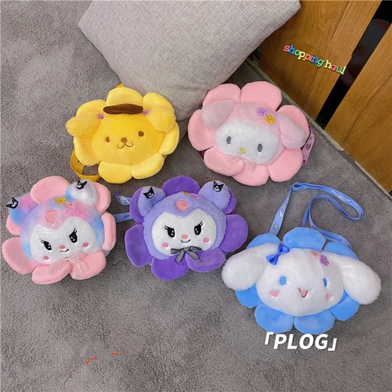 

New Sanrio cinnamon big-eared dog cartoon cute sun flower my melody cinnamon plush doll backpack anime kawaii messenger bag gift
