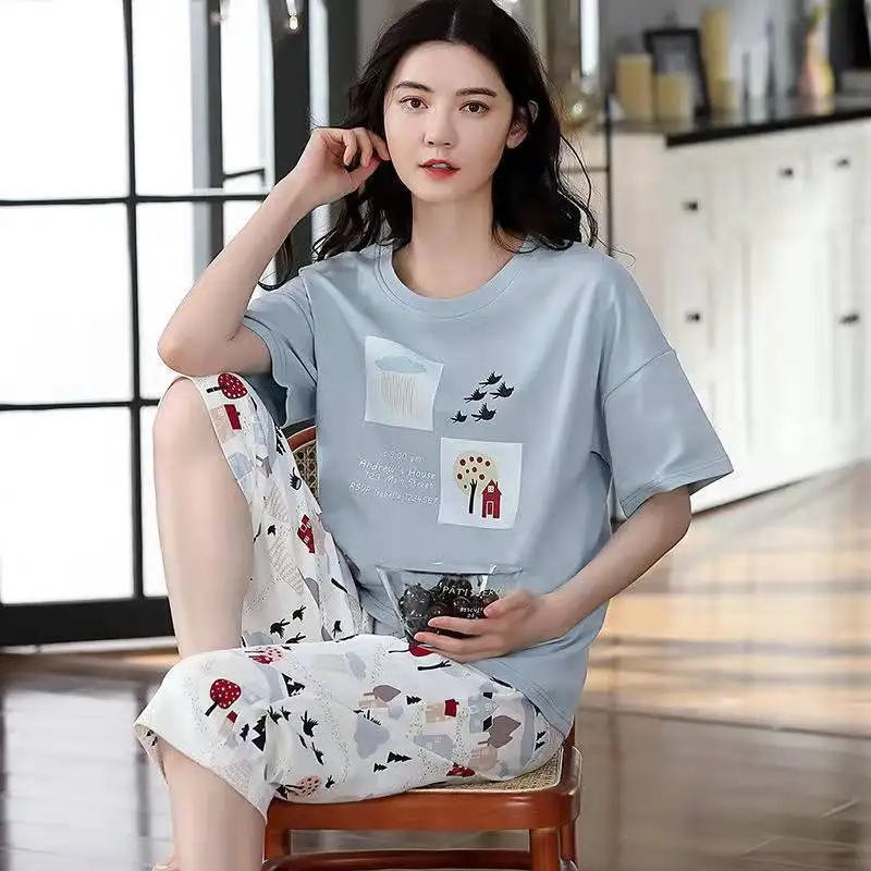 Summer Plaid Women Sleep Lounge Pajama Short-Sleeved Pajama Sets Cartoon Pyjamas Polyester Sleepwear M-5XL Plus Size Home Sets