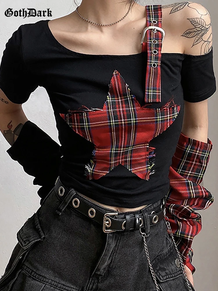 

Goth Dark Pentagram Patchwork Harajuku T-shirts Gothic One Shoulder With Sleeve Grunge Crop Tops Y2k E-girl Summer Streetwear