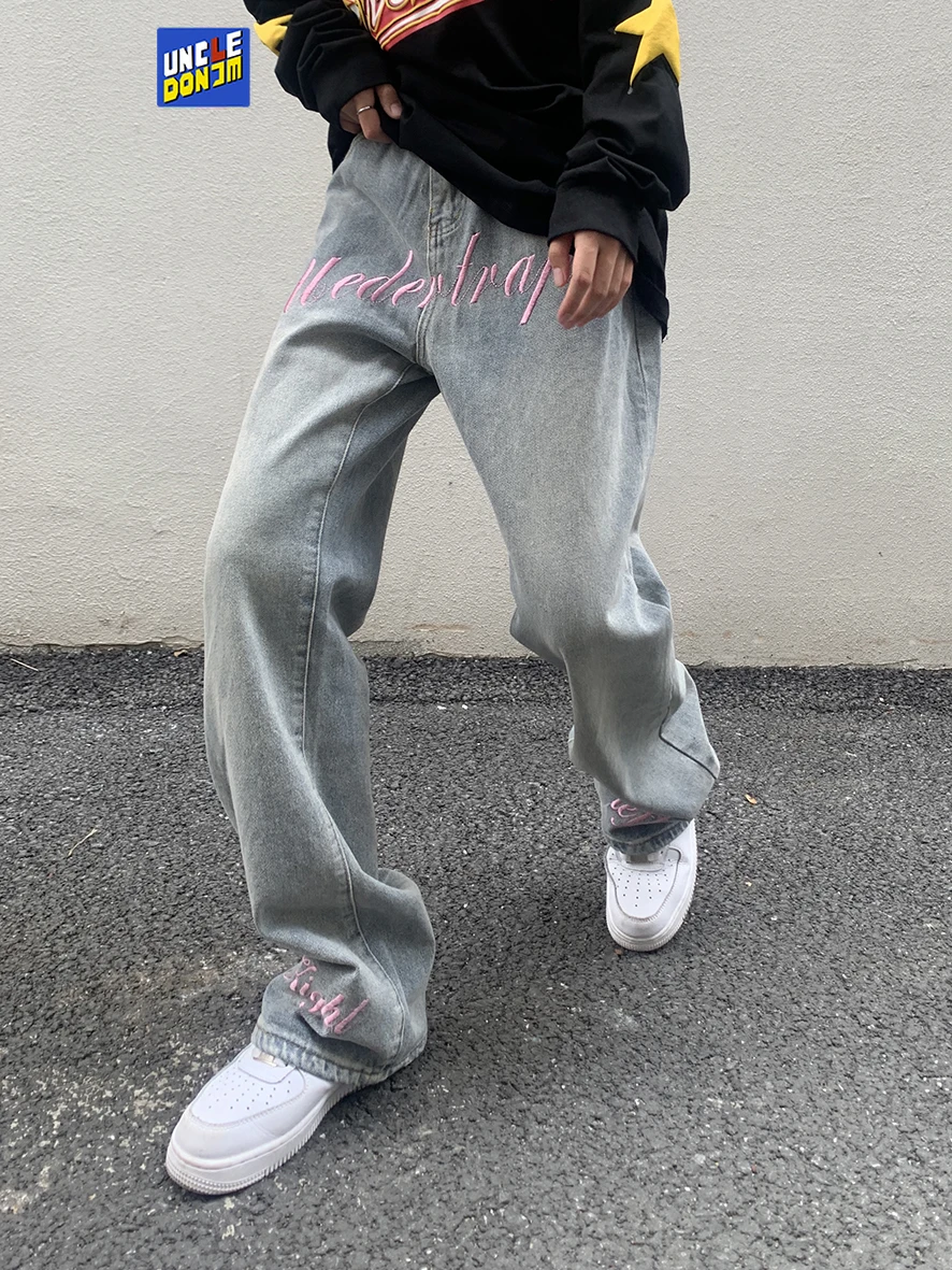 

UNCLEDONJM Letter Embroidery Distressed Denim jeans High Street Fashion Loose Straight Pants Trend Casual jeans for men