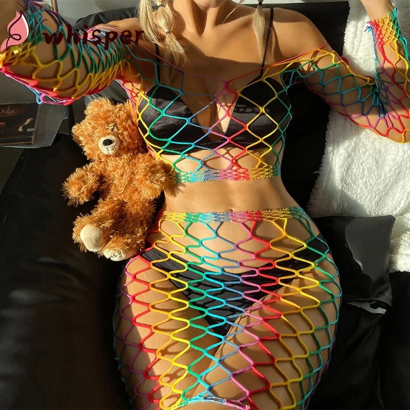 

Rainbow Fishnet Exotic Lingerie Sensual Lace Sheer Bra Mesh Transparent Woman Pussy Sexy Outfit See Through Sissy Sexual QC106