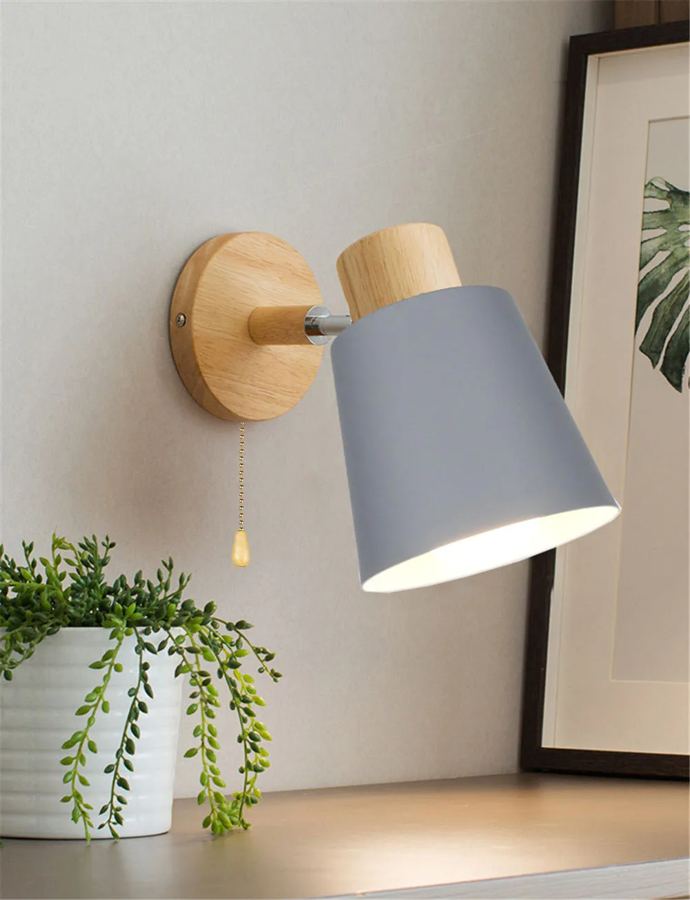 Lámpara de pared de madera nórdica, candelabro de pared ajustable moderno para dormitorio, sala de estar, iluminación del hogar, macarrón, volante de 6 colores, E27
