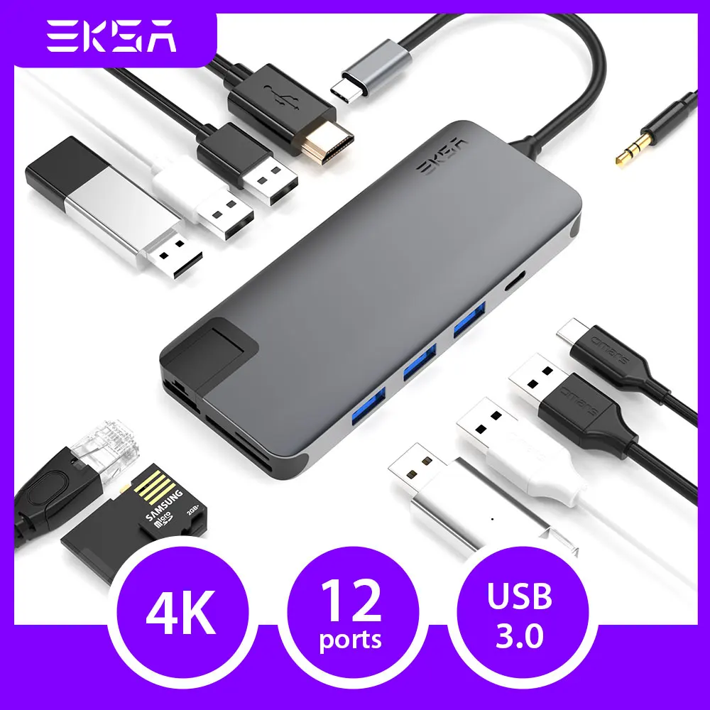 

EKSA USB C HUB 12in1 Type C to 4K HDMI-compatible USB 3.0/2.0 RJ45 PD 100W Adapter for MacBook Pro Air USB C Splitter HUB Dock