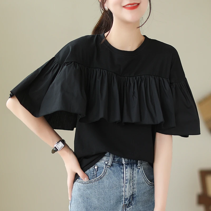 Japanese Style Sweet Ruffles Short Sleeve Blouse Women O Neck Loose Tops For Women Camisetas Womens Clothing Patchwork Shirts