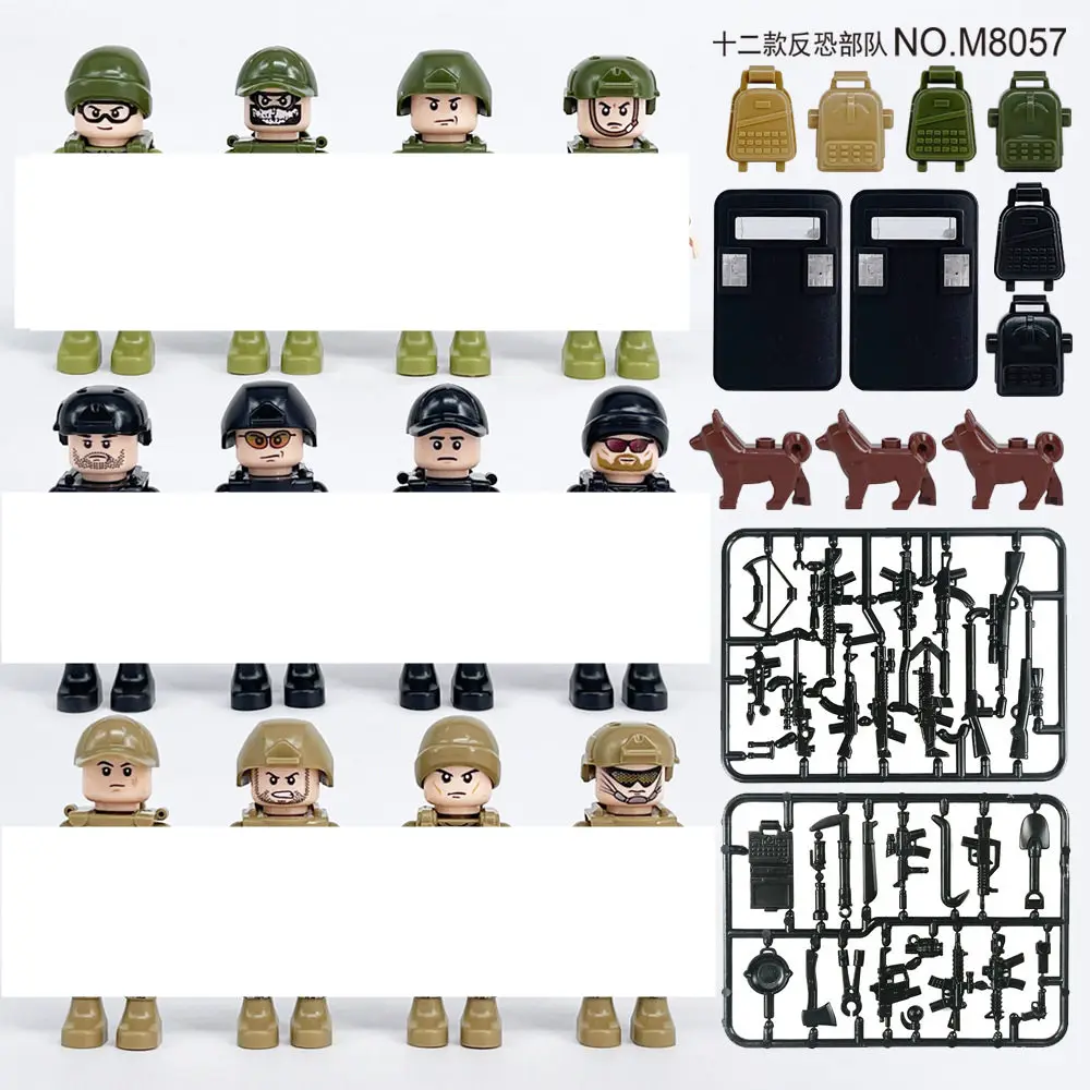 

Boys Toys 12pcs Building Block Anti Terrorism Force Special Police Model Army Fan Doll Colorful Weapon Shield Toy Set For Kids