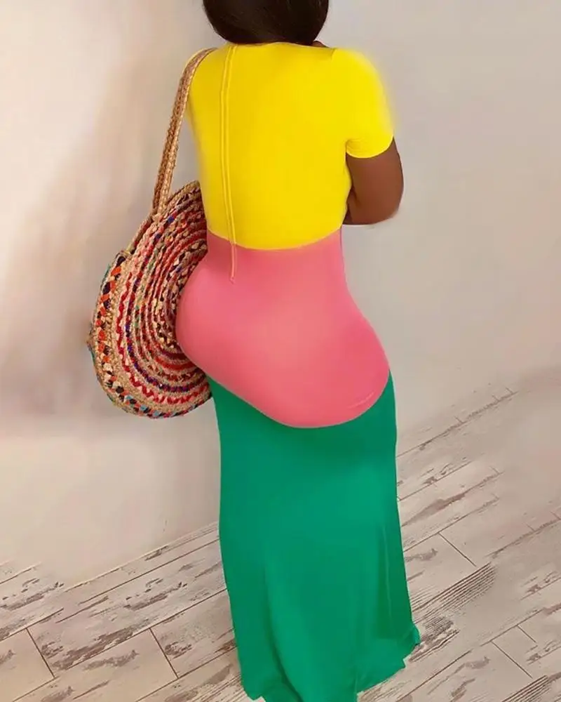 

Women Dress Mature Fashion Large Area Contrast Color Green Jumpsuit Long Skirt Tight Spring And Summer Stitching