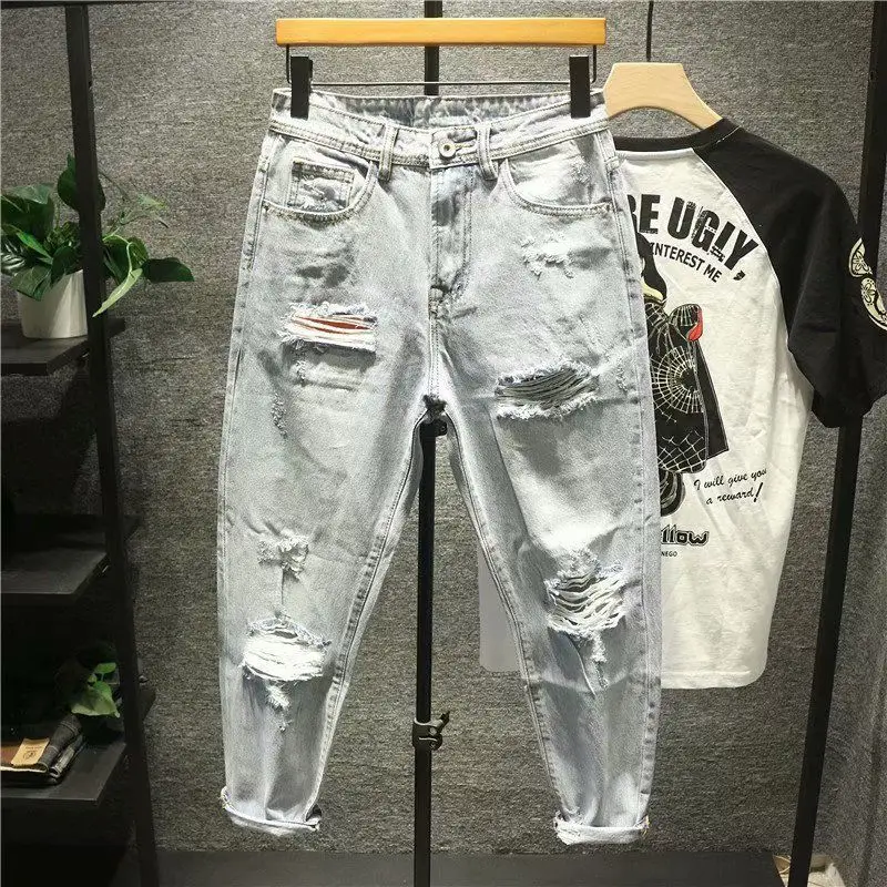 

Beggar 2022 Hole Light For Jeans Color Vintage Clothes Baggy Trousers Streetwear Pants Vintage Ripped Men Jean Patch 90s