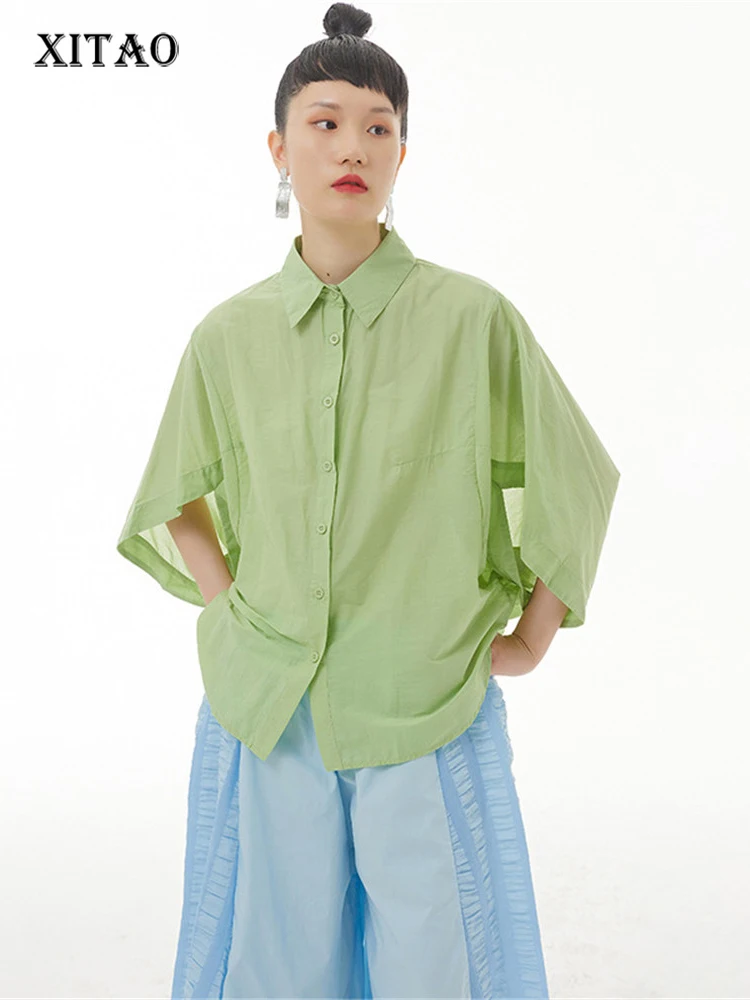 

XITAO Single Breast Blouse Fashion Solid Color Half Sleeve Irregular 2022 Summer Minority Loose Perspective Shirt ZY6984